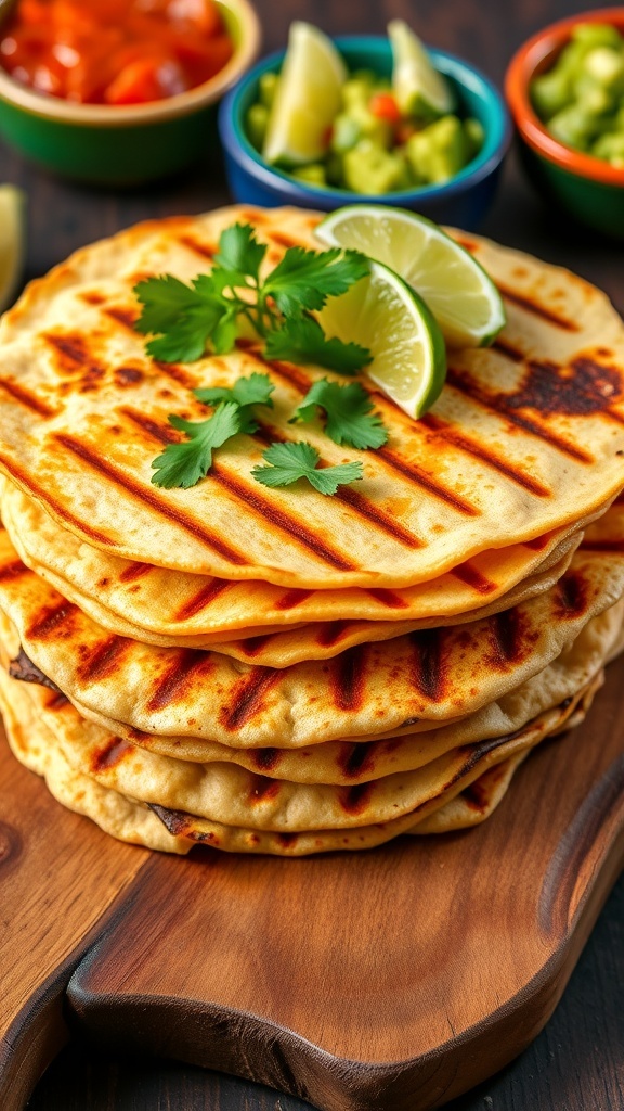 Freshly grilled tortillas stacked on a wooden board with salsa and guacamole.